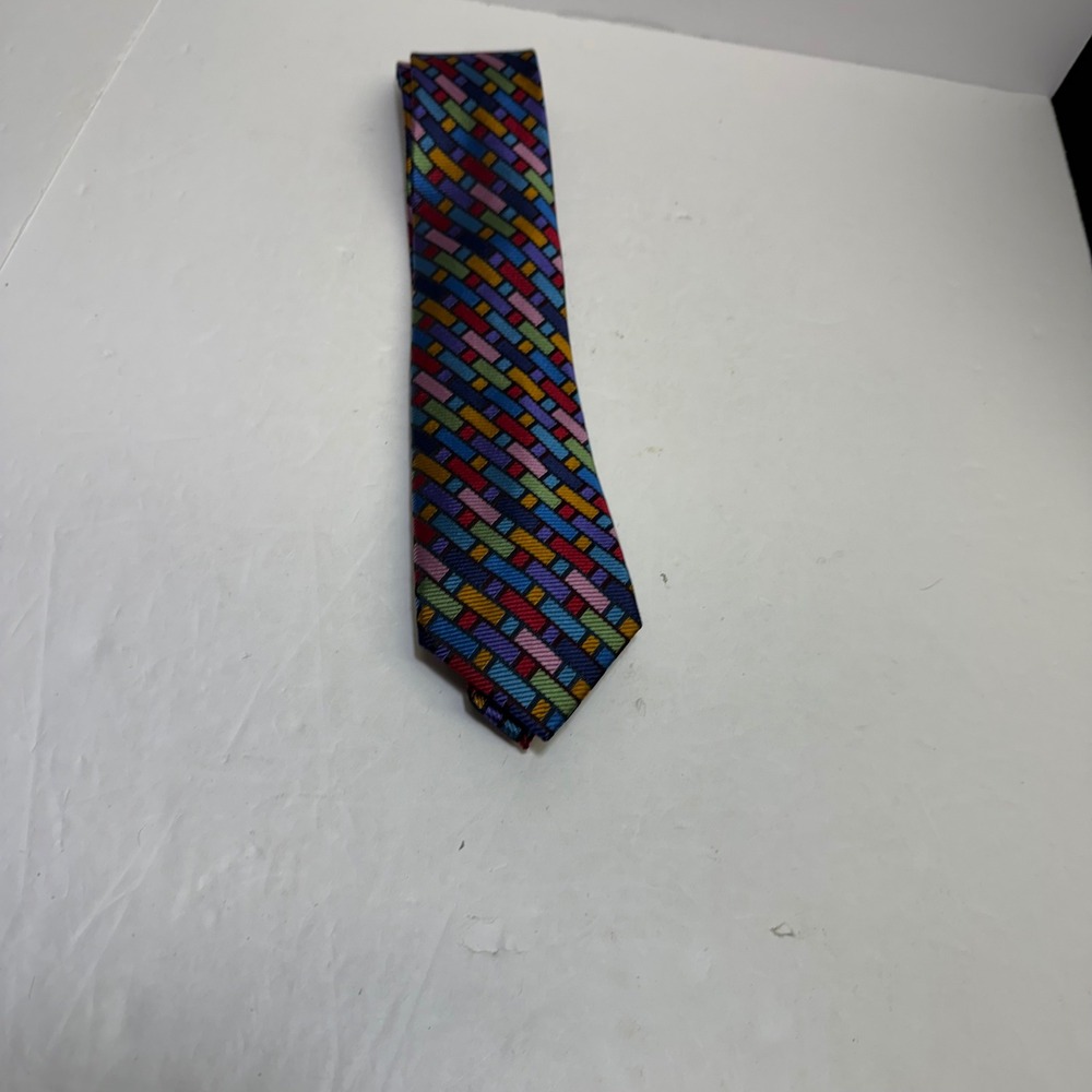 Paul Fredrick Mens Silk Necktie Multicolor Geometric Basketweave Pattern Tie